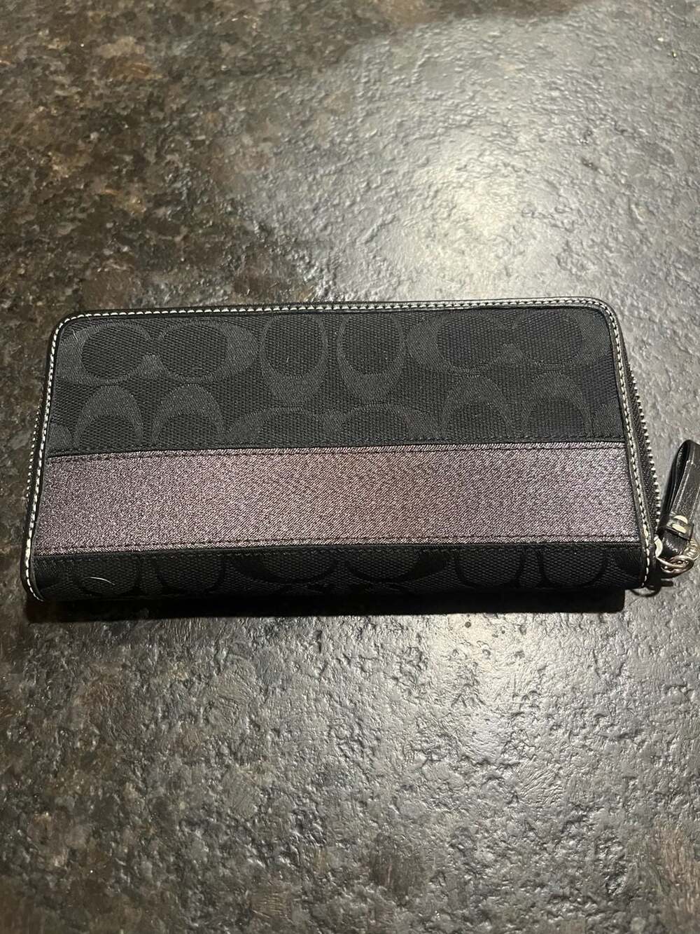 Coach Signature Stripe Zip Around Long Wallet Black Grey Canvas